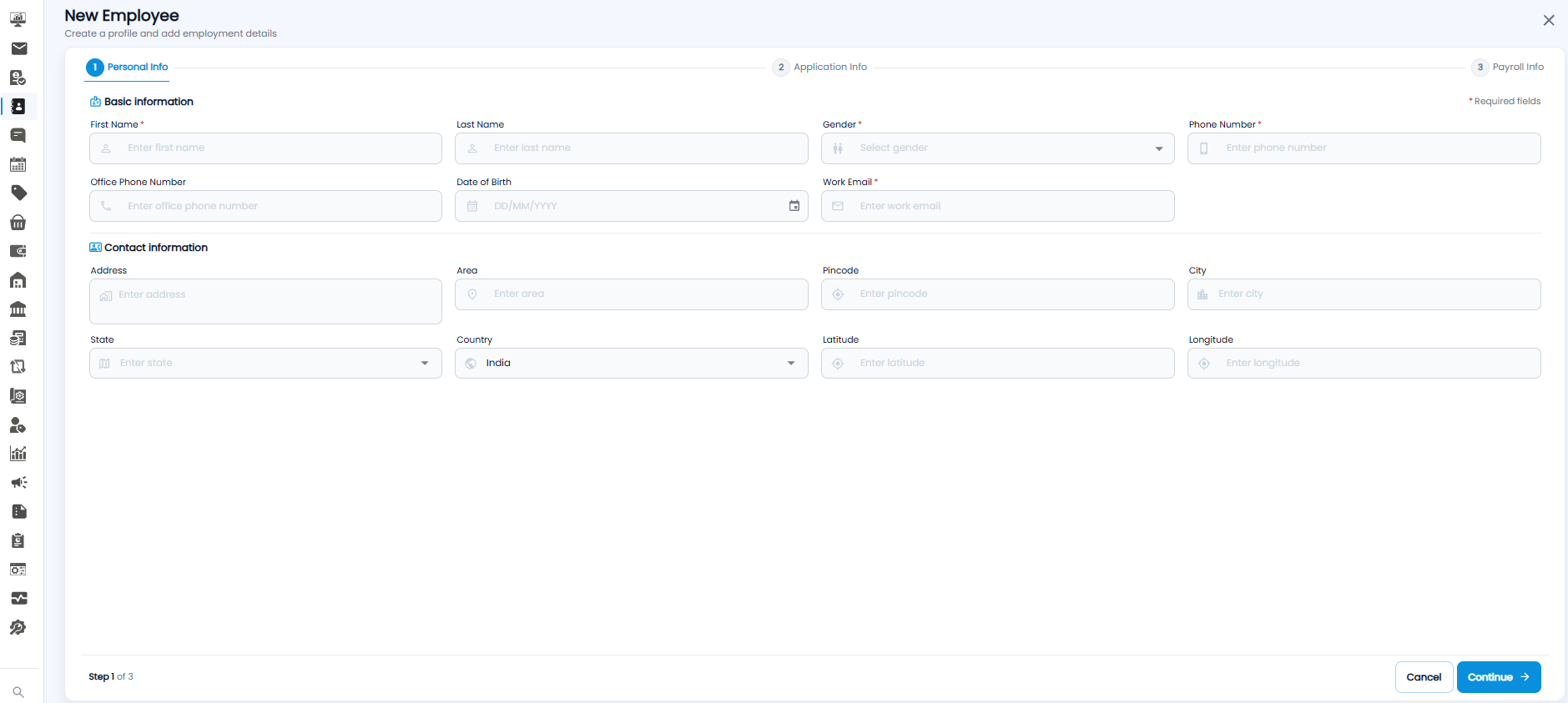 New Employee form, step 1 Personal Info, with Basic information and Contact information fields