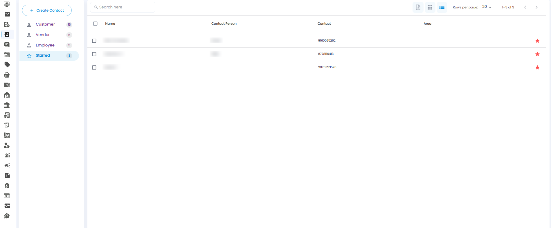 Contacts page on the Starred tab, listing starred customers and vendors with a filled star on each row
