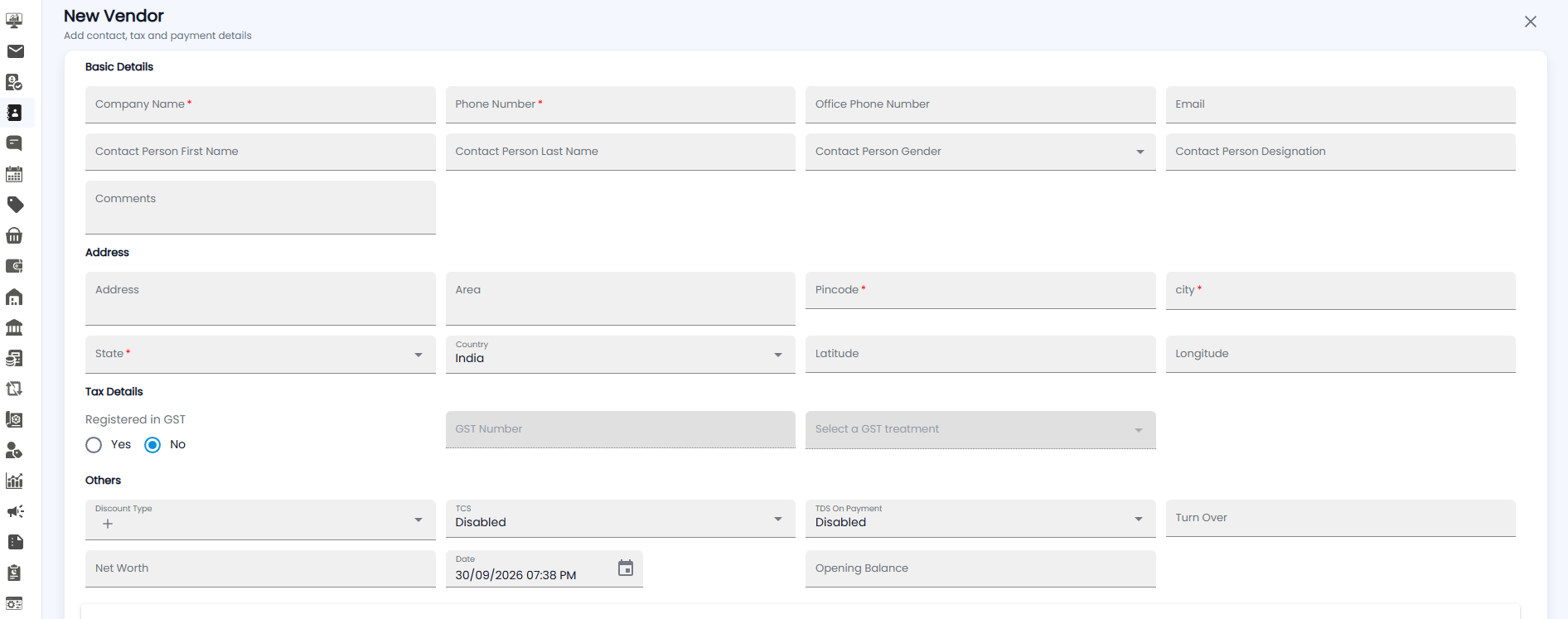 New Vendor form showing Basic Details, Address, Tax Details, and Others sections