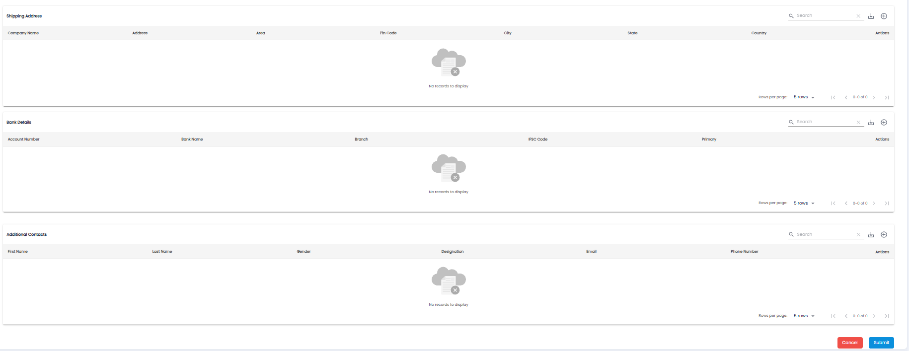 Shipping Address, Bank Details, and Additional Contacts tables at the bottom of the New Vendor form, with Cancel and Submit buttons