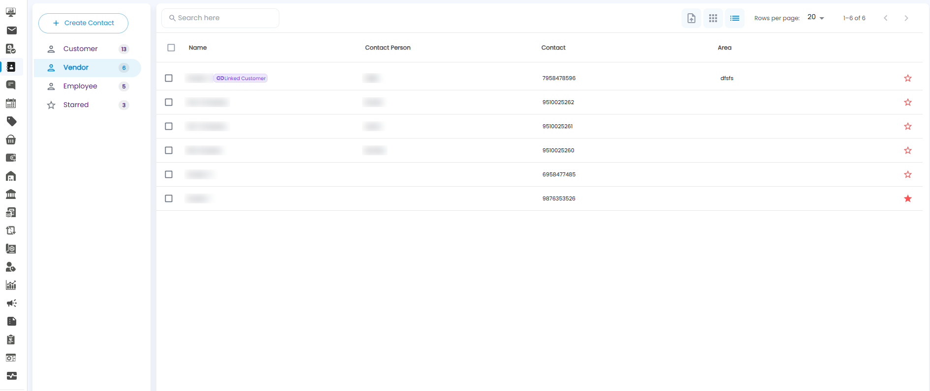Contacts page on the Vendor tab, showing the vendor list with Name, Contact Person, Contact, and Area columns