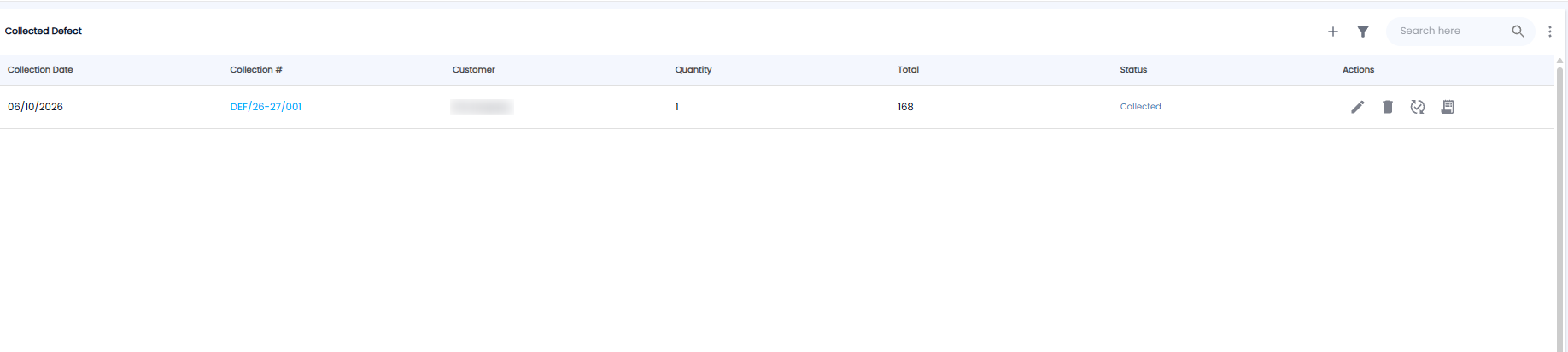 Collected Defect list with collection date, collection number, customer, quantity, total, status, and actions