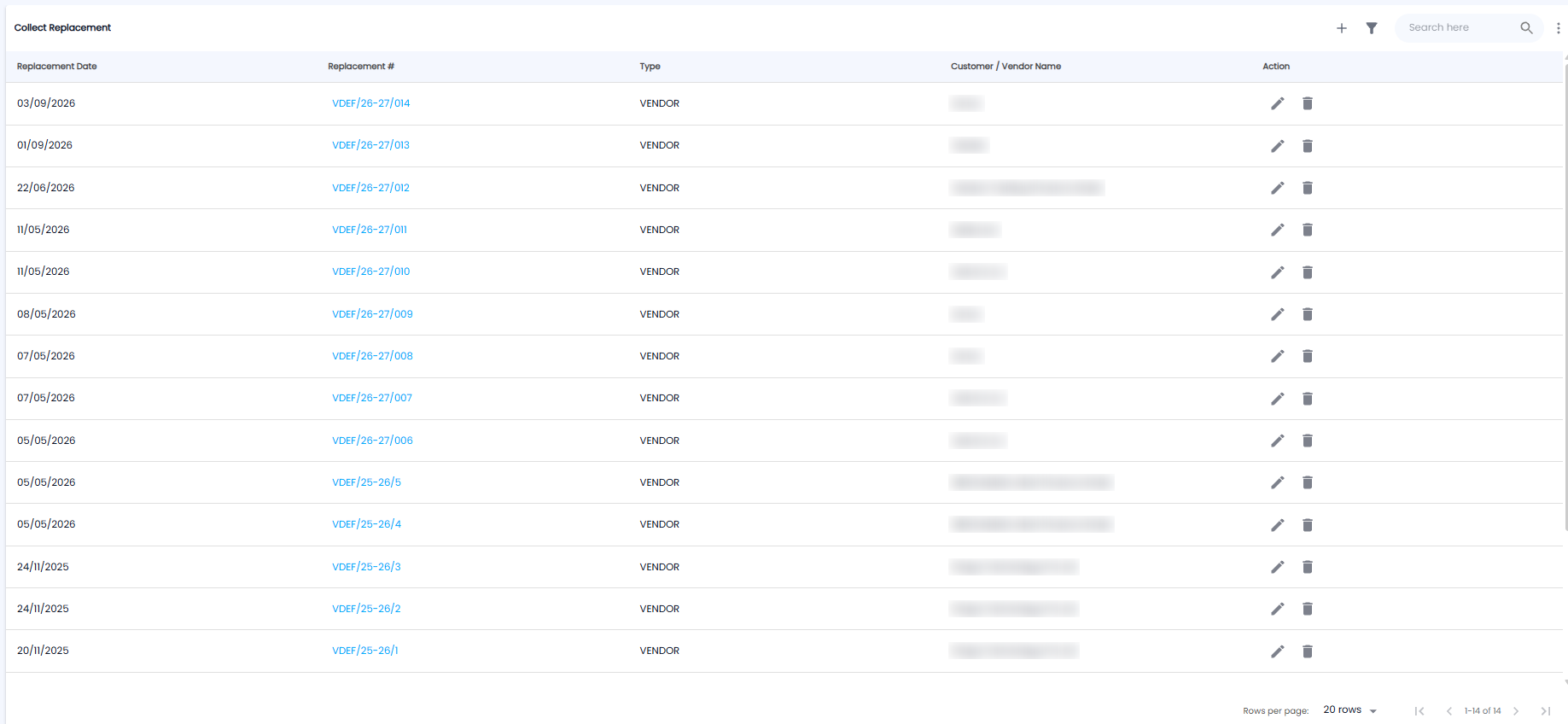 Collect Replacement list with replacement date, replacement number, type, vendor name, and actions