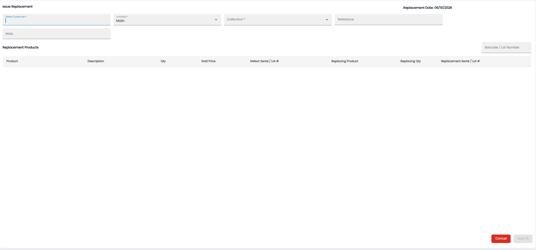 Issue Replacement form with customer, location, collection, reference, note, barcode entry, and the Replacement Products table