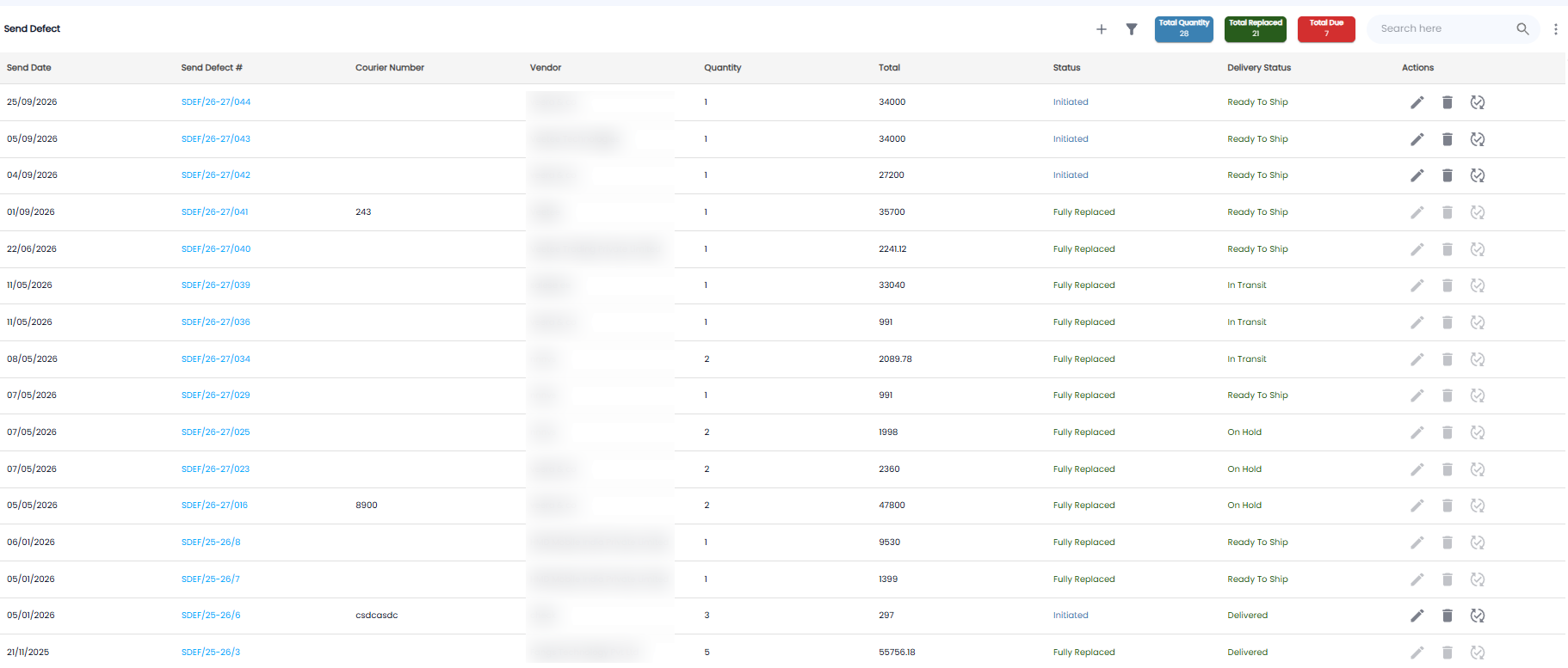 Send Defect list with total quantity, total replaced, and total due, and columns for send date, number, courier number, vendor, quantity, total, status, delivery status, and actions