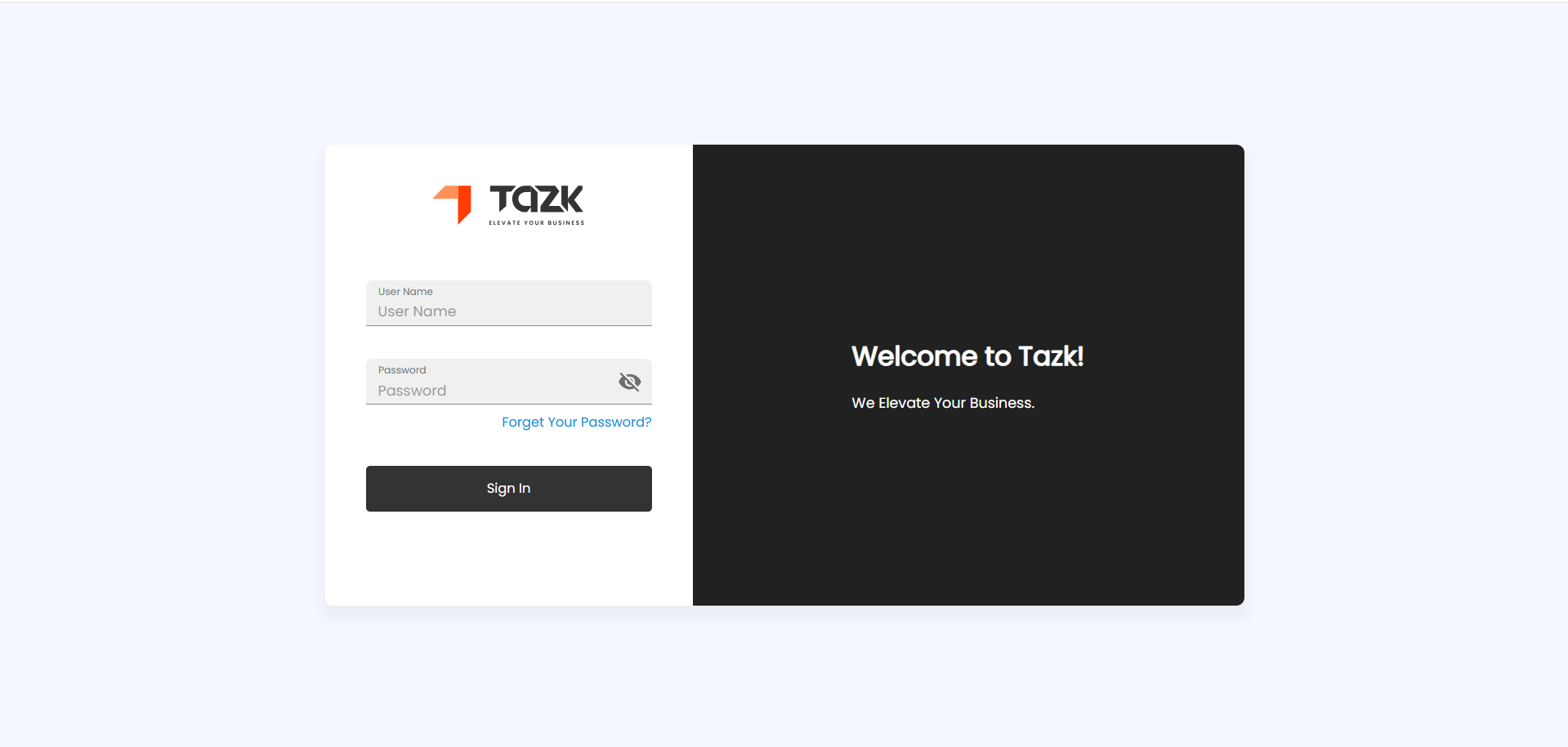 Tazk login page with User Name and Password fields