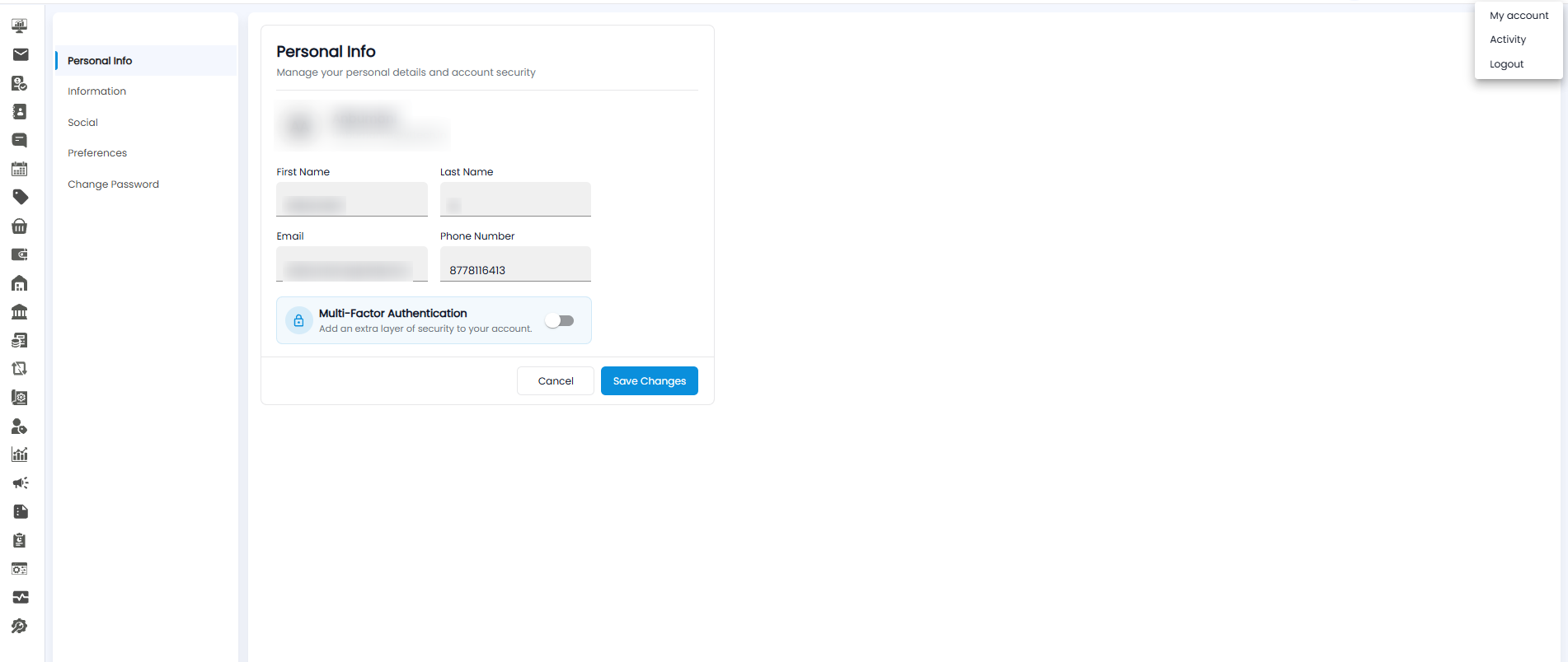 My account page showing the Personal Info section with name, email, phone number, and the Multi-Factor Authentication toggle