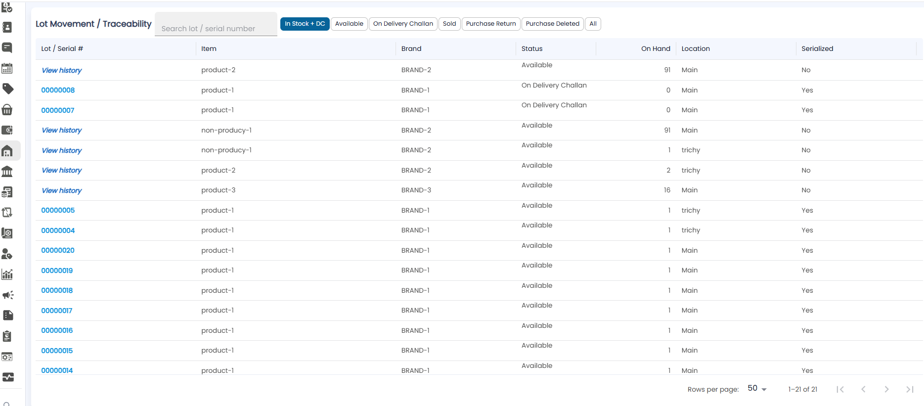 Lot Traceability on the In Stock + DC filter, showing available stock and units on delivery challan