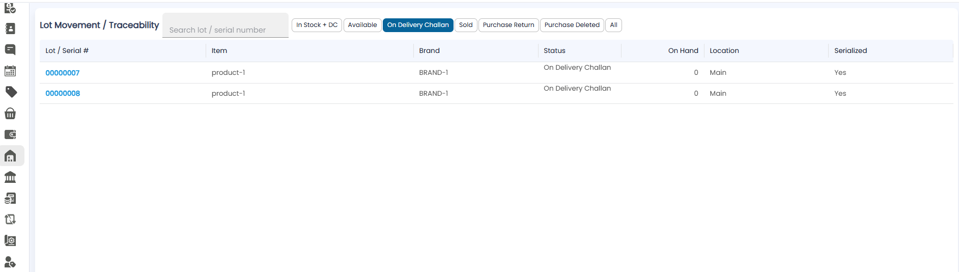 Lot Traceability on the On Delivery Challan filter, showing two serial numbers with zero on hand