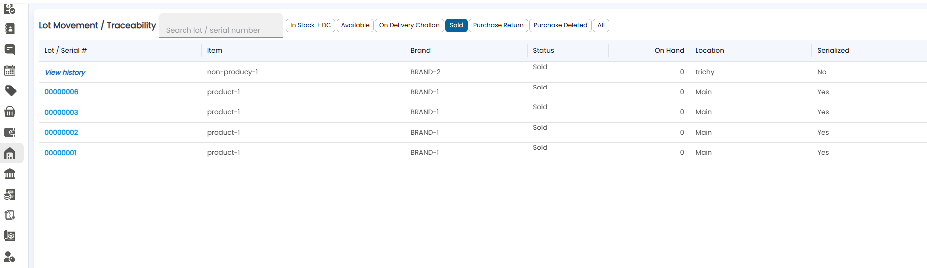 Lot Traceability on the Sold filter, showing sold serial numbers and a non-serialized product sold at trichy