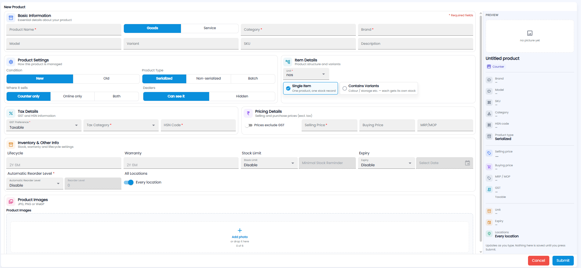 New Product form for goods, with basic information, product settings, item details, tax details, pricing details, inventory and other info, product images, and a live preview