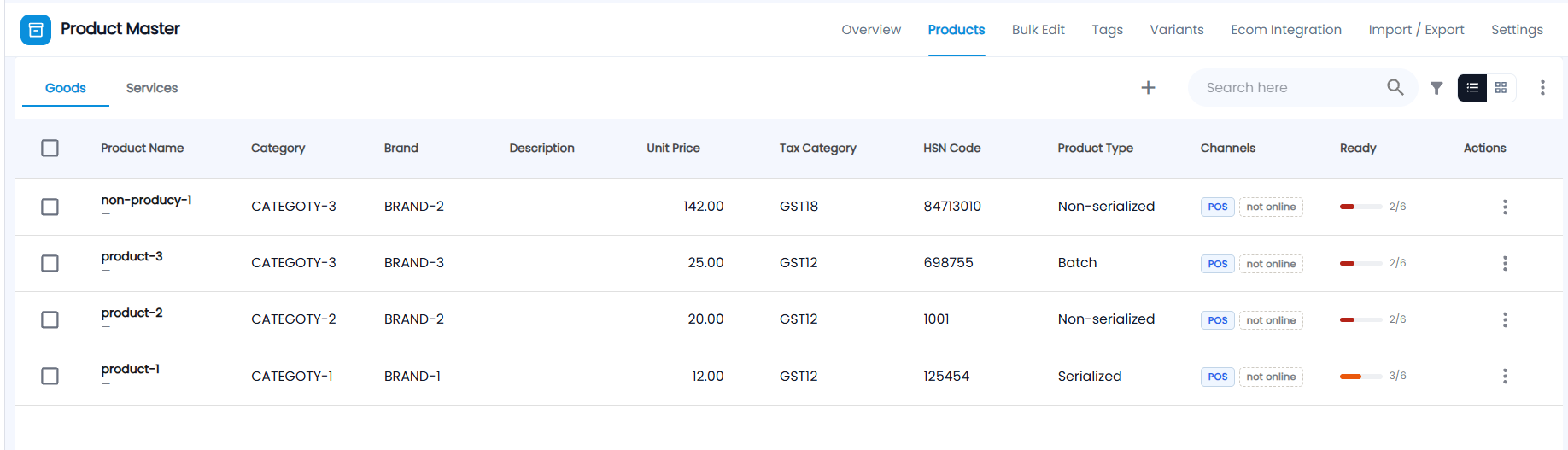 Products tab on Goods, listing products with category, brand, description, unit price, tax category, HSN code, product type, channels, ready score, and actions