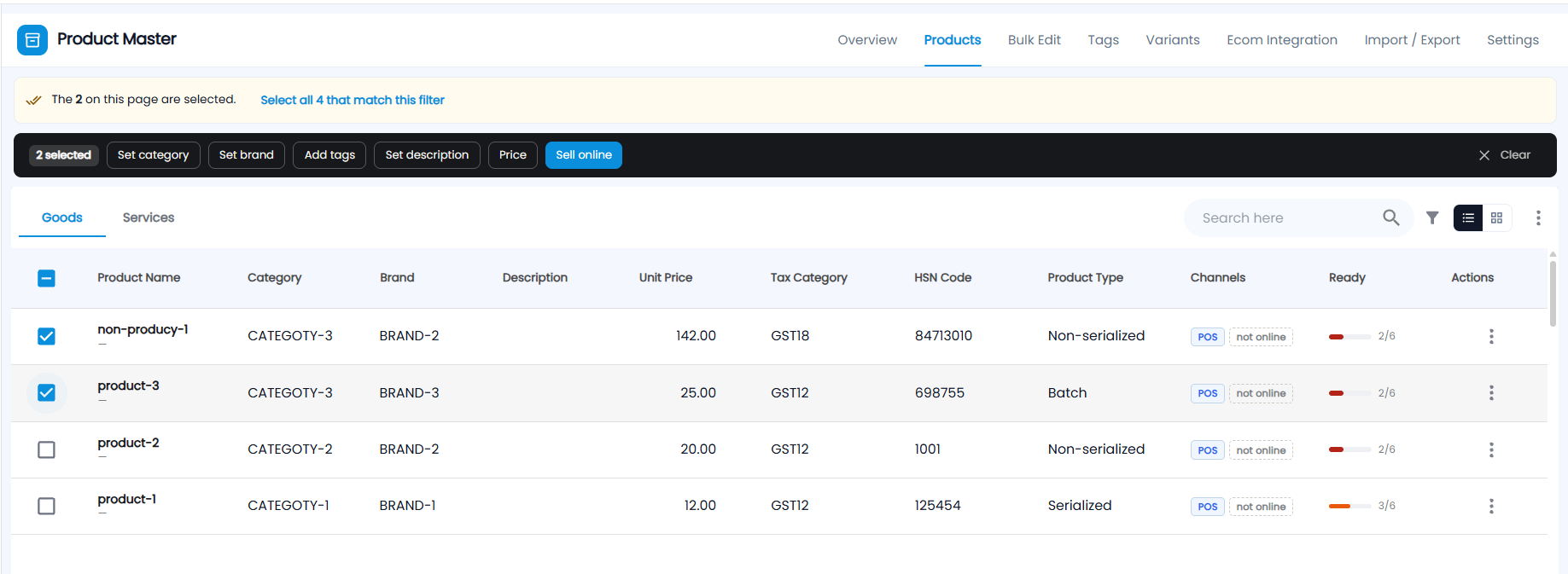 Two goods selected, with a notice offering to select all four that match the filter and a bar of actions: set category, set brand, add tags, set description, price, and sell online