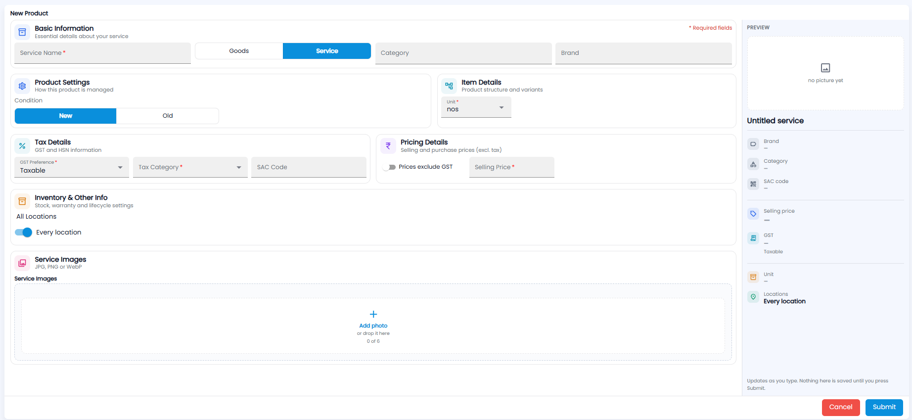 New Product form for a service, with service name, category, brand, condition, unit, tax details with SAC code, selling price, every location, service images, and a live preview