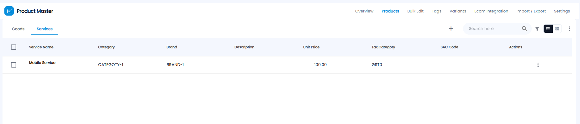 Products tab on Services, listing services with category, brand, description, unit price, tax category, SAC code, and actions