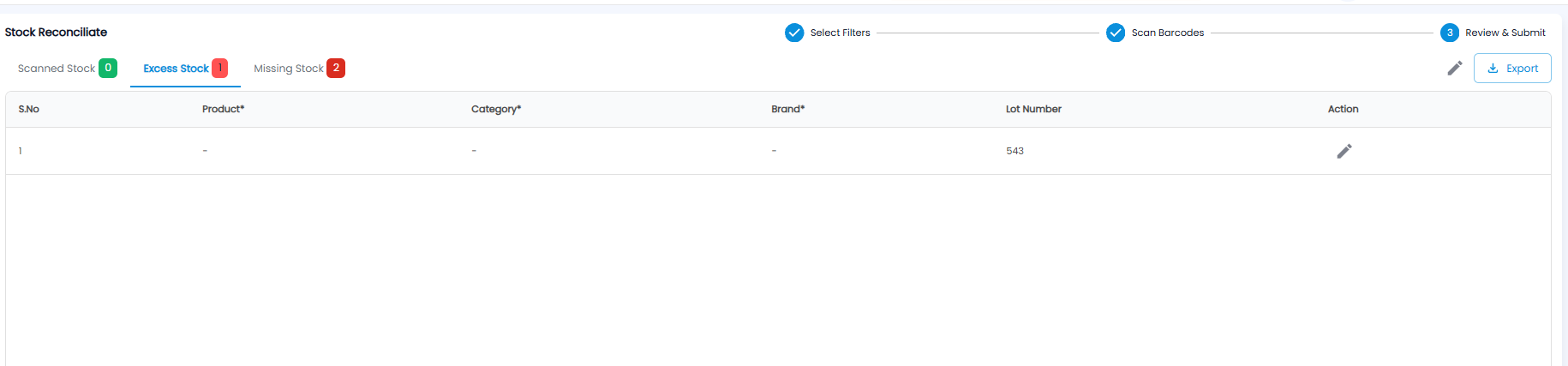 Stock Reconciliate on the Review and Submit step, Excess Stock tab, with one scanned lot number that has no product, category, or brand yet