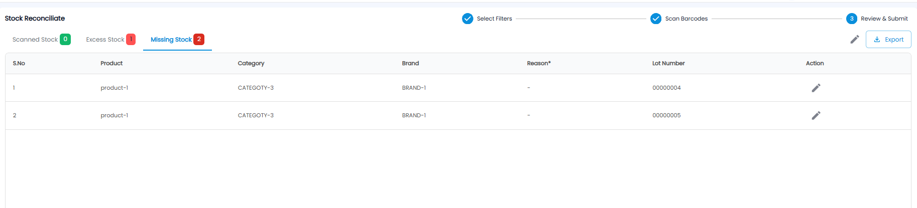 Stock Reconciliate on the Review and Submit step, Missing Stock tab, with two lot numbers of product-1 waiting for a reason