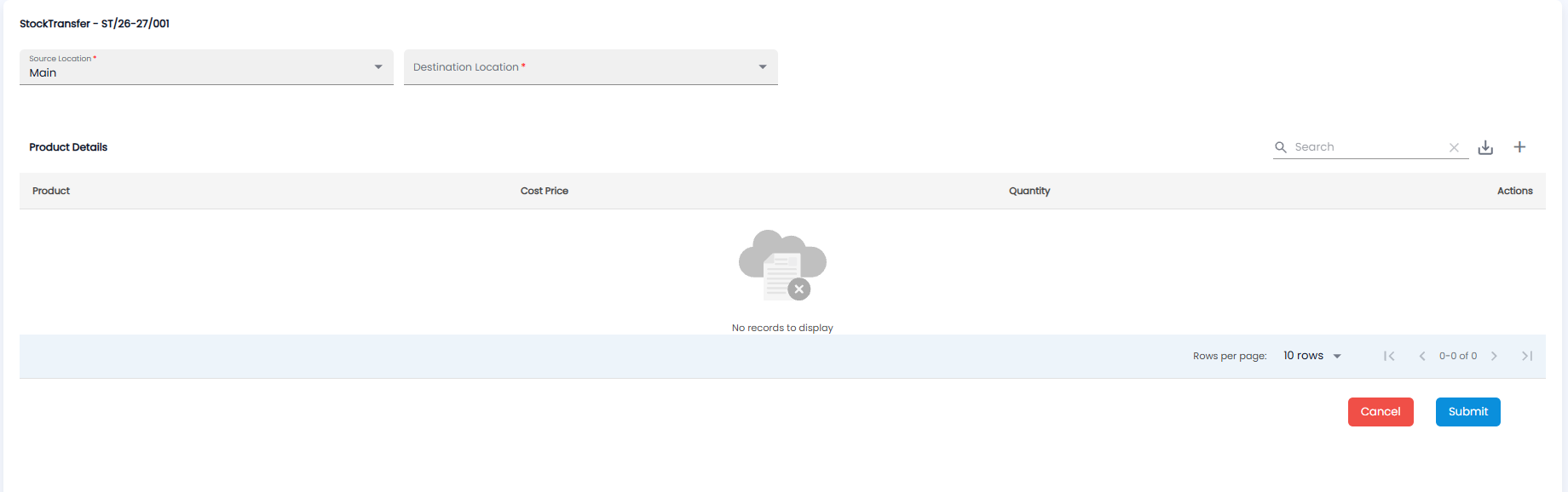 New Stock Transfer form with source and destination location and an empty Product Details table