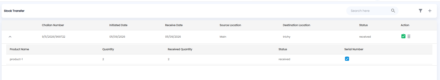 Stock Transfer list with one transfer expanded to show its products, quantities, received quantity, status, and serial number