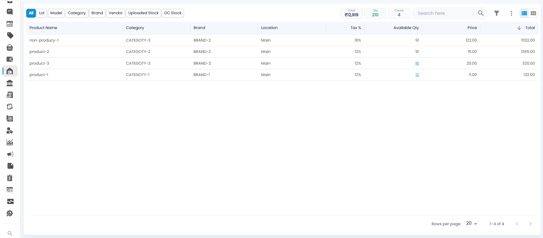 Stocks page on the All view, with product name, category, brand, location, tax, available quantity, price, and total for each product