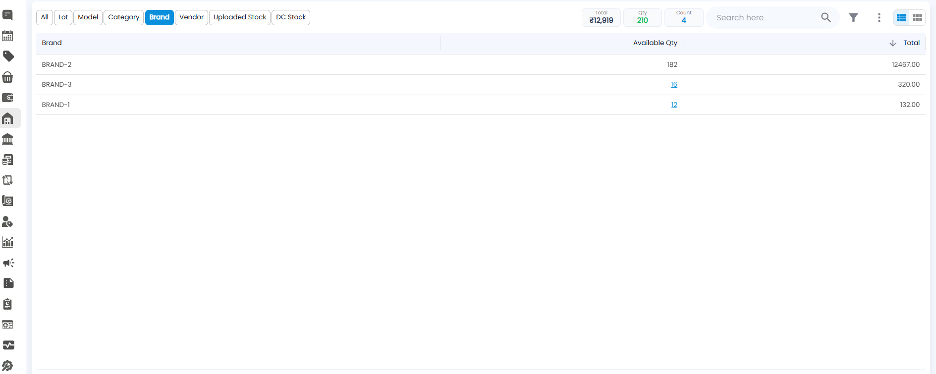 Stocks page on the Brand view, with available quantity and total for each brand