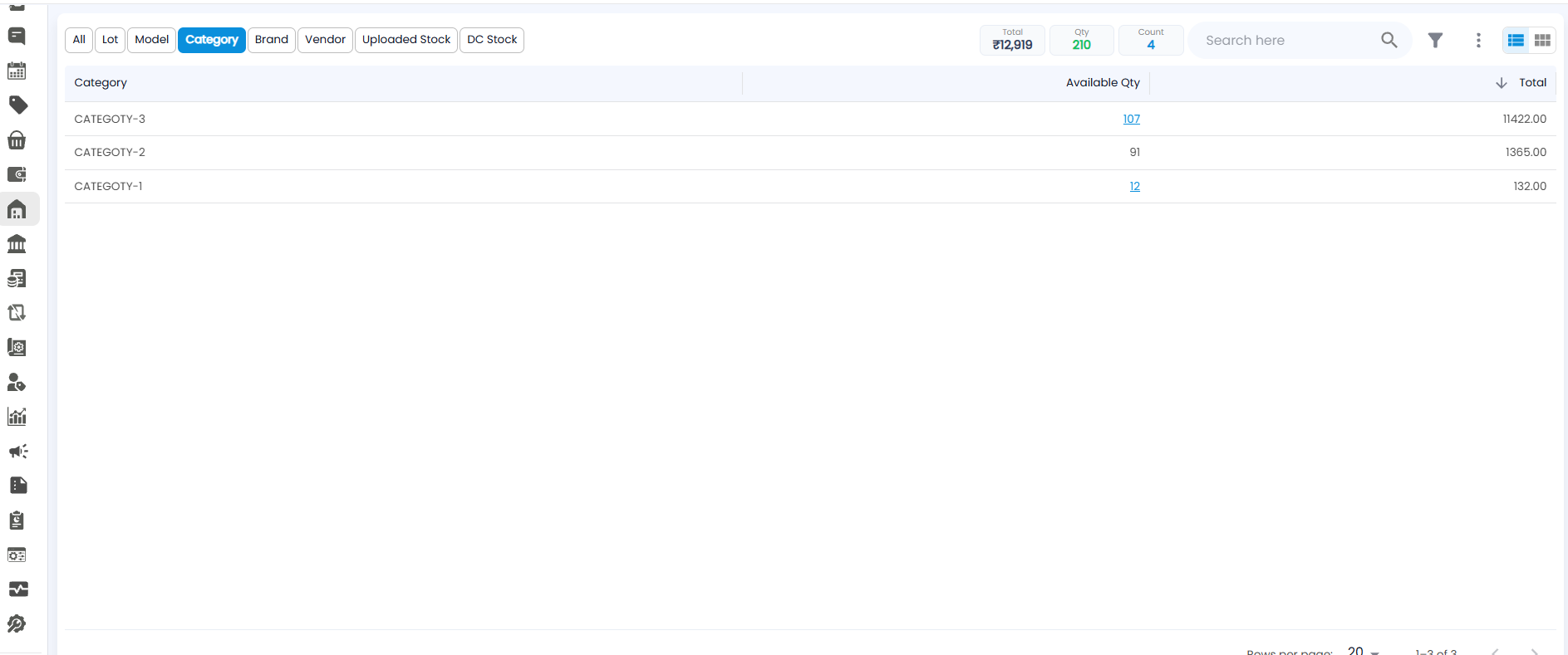 Stocks page on the Category view, with available quantity and total for each category