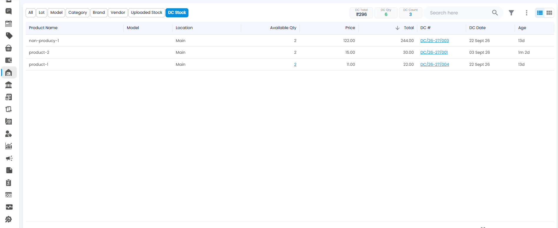 Stocks page on the DC Stock view, with DC totals in the toolbar and the challan number, date, and age for each row