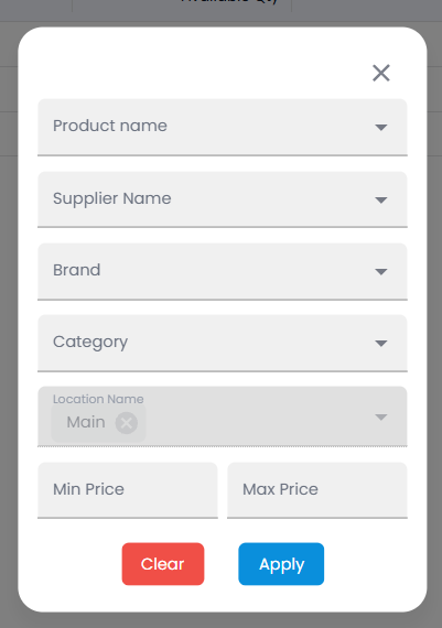 Stocks filter with product name, supplier name, brand, category, location, minimum price, and maximum price