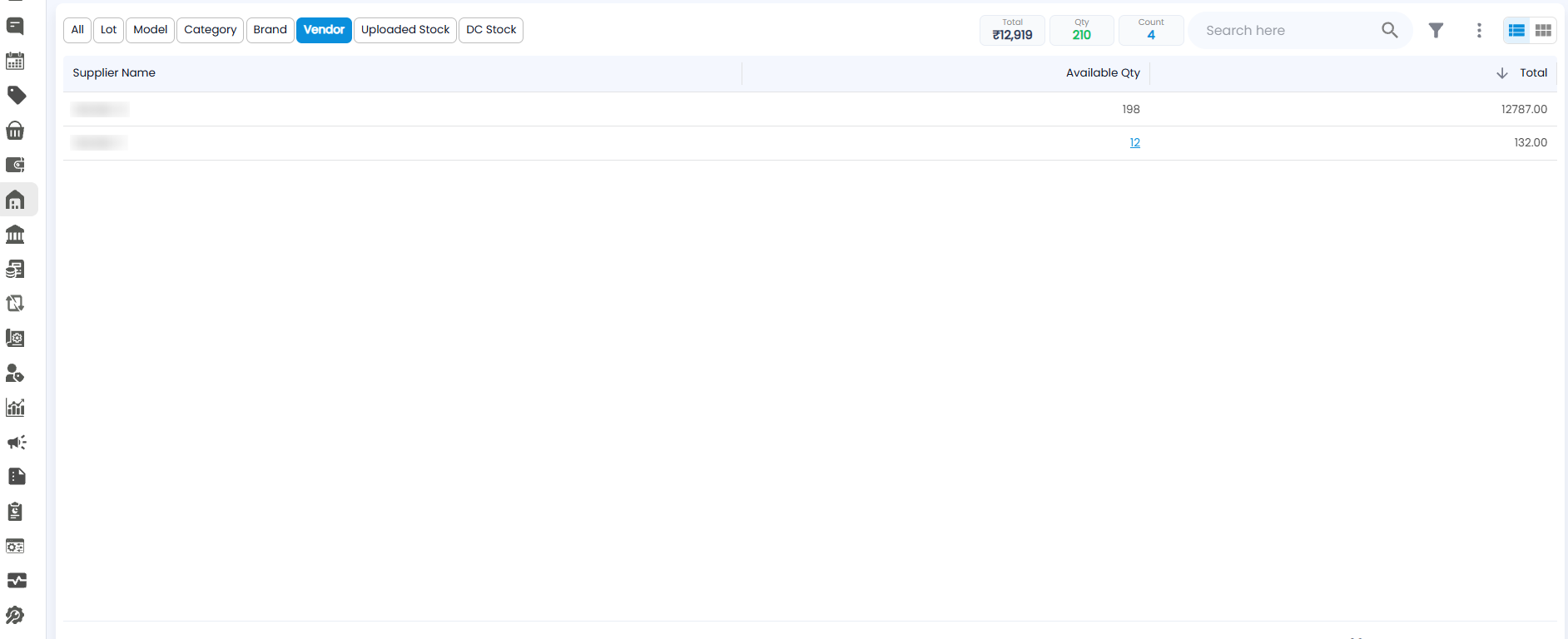 Stocks page on the Vendor view, with available quantity and total for each supplier