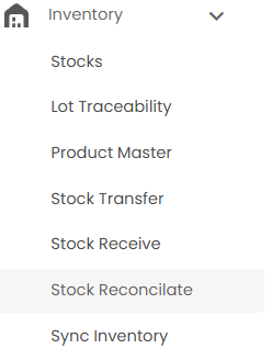 Inventory menu expanded in the sidebar, showing Stocks, Lot Traceability, Product Master, Stock Transfer, Stock Receive, Stock Reconcilate, and Sync Inventory