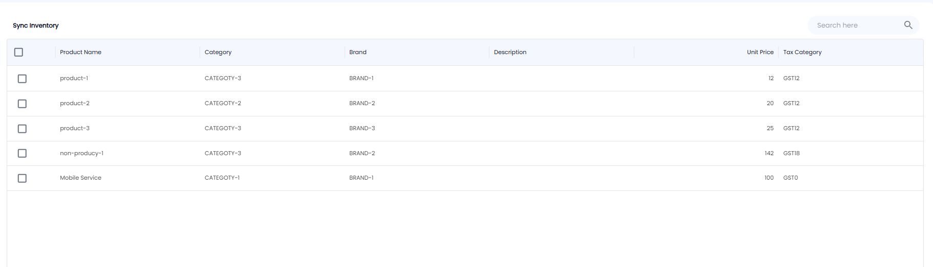 Sync Inventory list of goods and services with tick boxes, product name, category, brand, description, unit price, and tax category