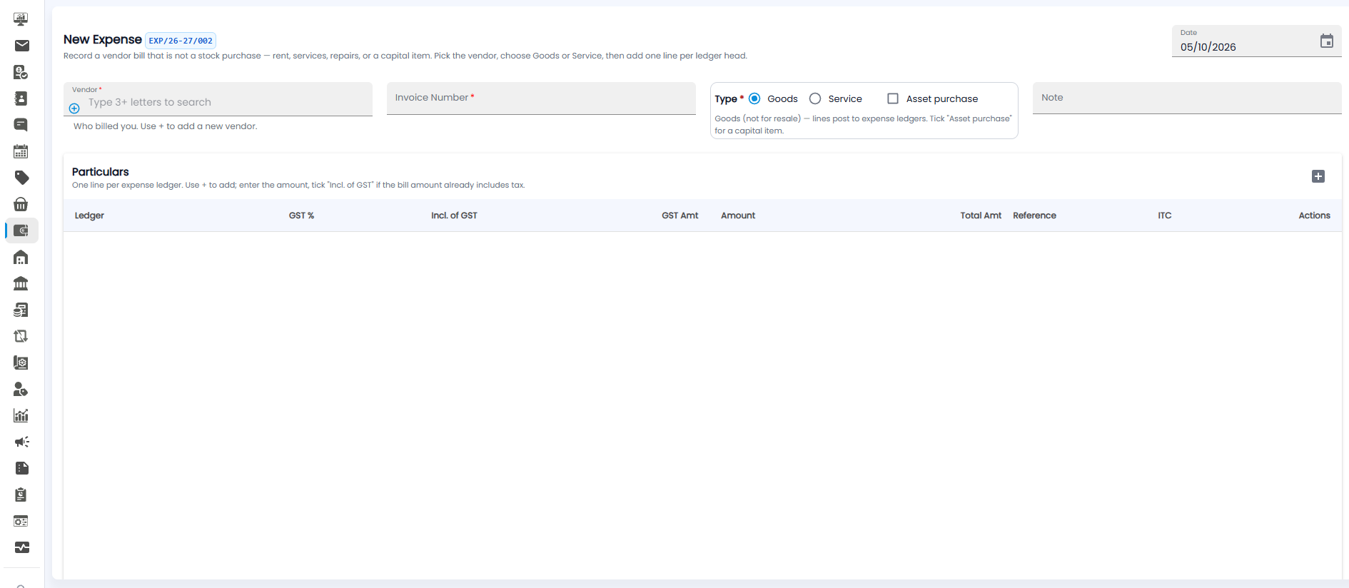 New Expense form with vendor, invoice number, type (Goods, Service, Asset purchase), note, and the Particulars table