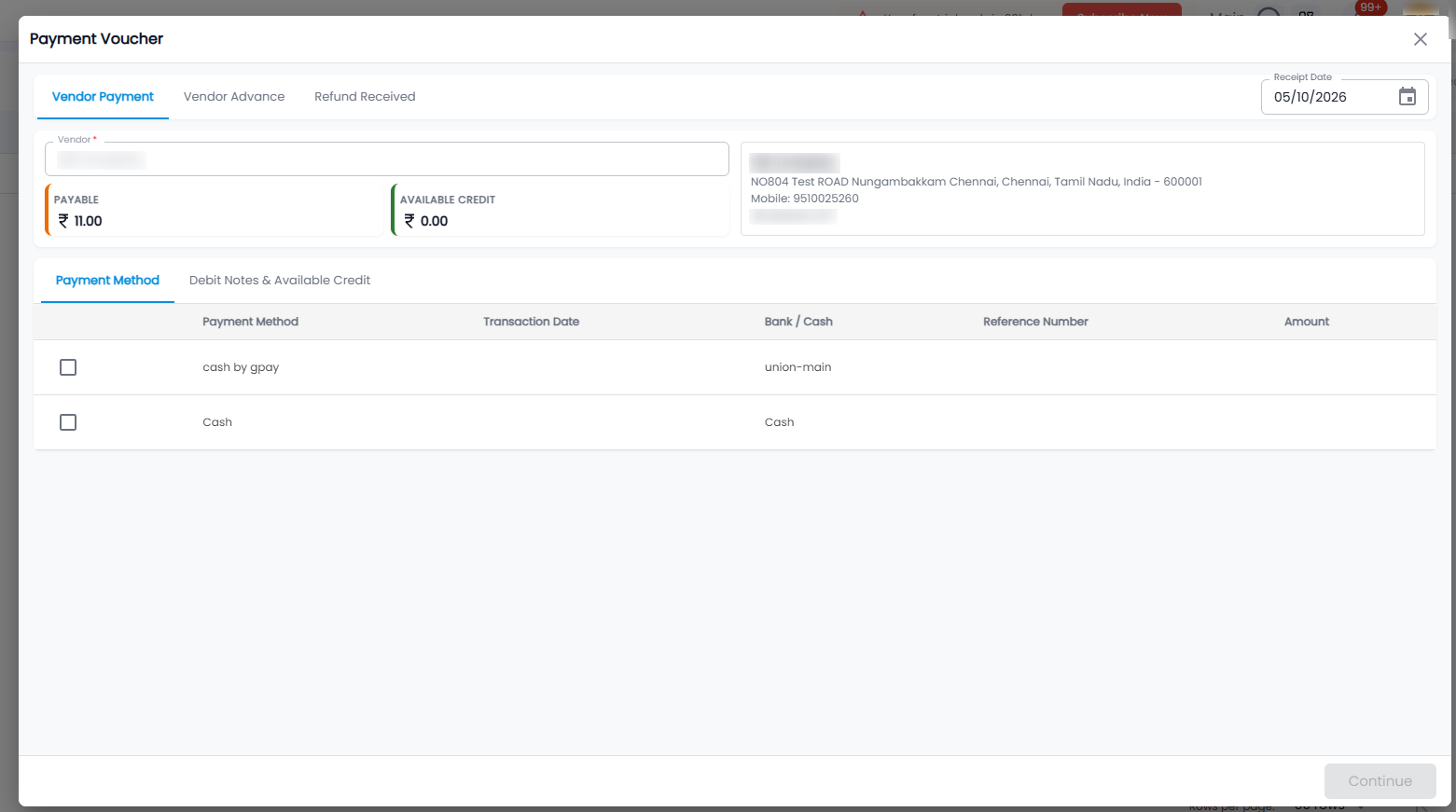 Payment Voucher opened from an expense, with the vendor filled in, payable and available credit, vendor details, and payment methods