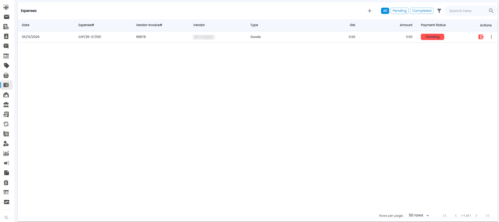 Expenses list with All, Pending, and Completed filters and columns for date, expense number, vendor invoice number, vendor, type, GST, amount, payment status, and actions