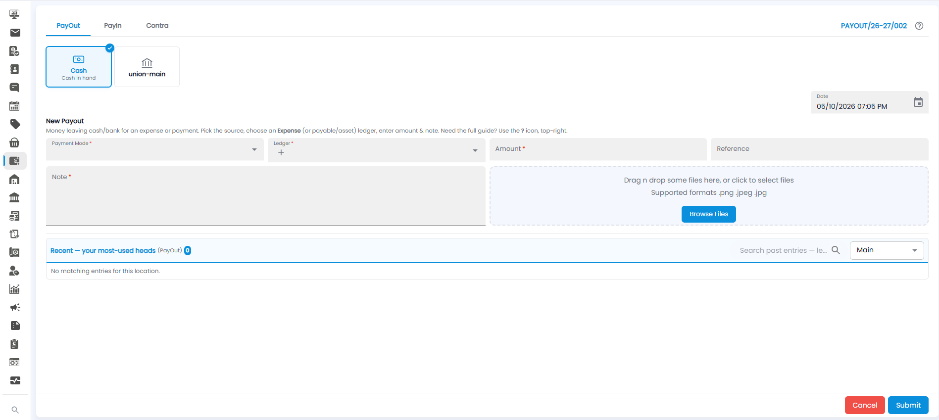 New Payout form with PayOut, PayIn, and Contra tabs, Cash and bank source cards, date, payment mode, ledger, amount, reference, note, file upload, and recent entries