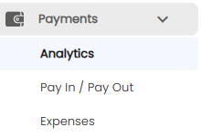 Payments menu expanded in the sidebar, showing Analytics, Pay In / Pay Out, and Expenses