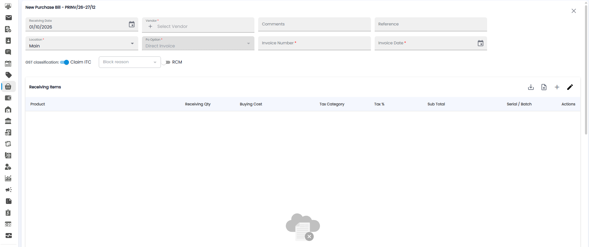 New Purchase Bill form with receiving date, vendor, location, PO option, vendor invoice number and date, GST classification, and the Receiving Items table