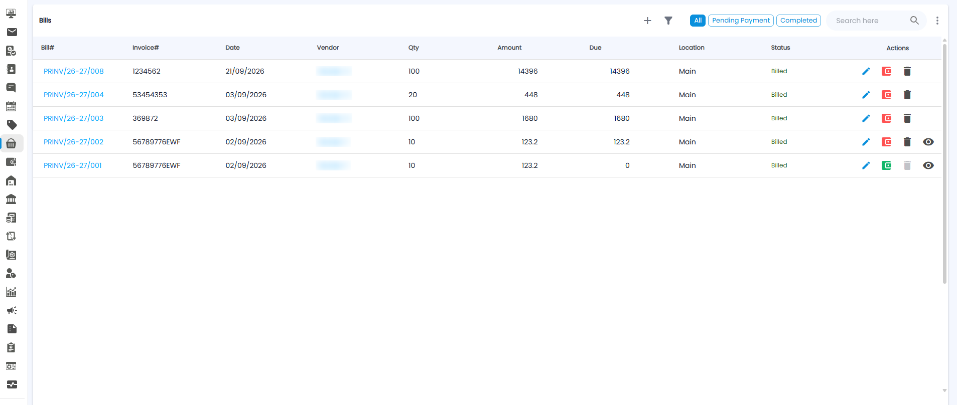 Bills list with All, Pending Payment, and Completed filters and columns for bill number, vendor invoice number, vendor, amounts, location, status, and actions