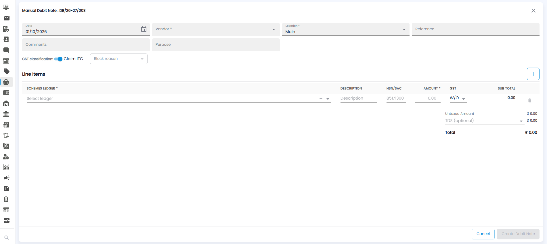 Manual Debit Note form with date, vendor, location, reference, purpose, GST classification, and the line items table with totals