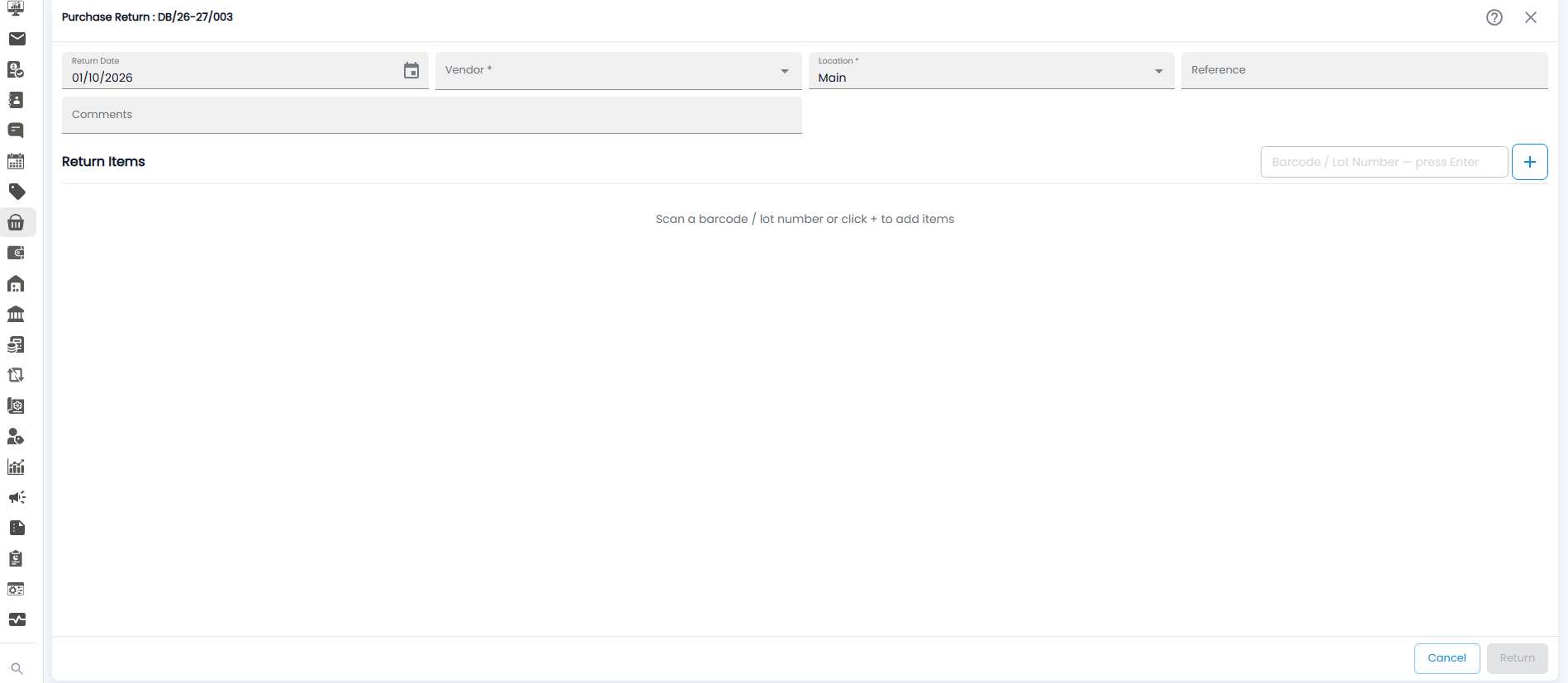Purchase Return form with return date, vendor, location, reference, comments, and the Return Items area with barcode entry
