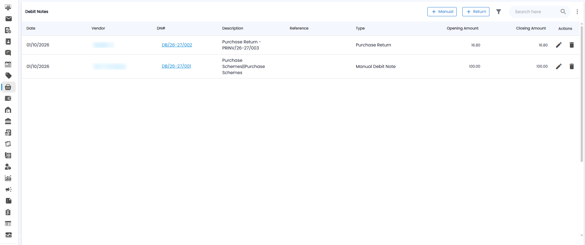 Debit Notes list with Manual and Return buttons and columns for date, vendor, debit note number, description, type, and amounts