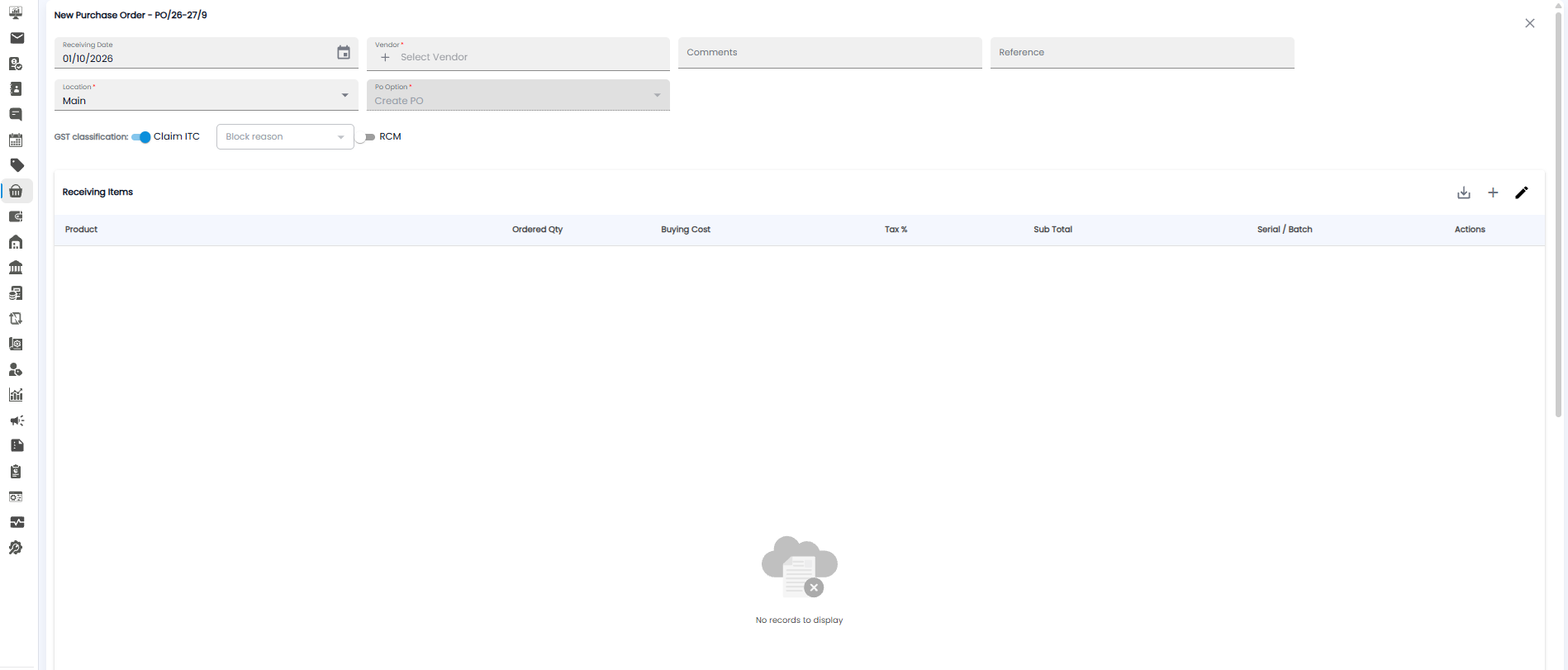 New Purchase Order form with receiving date, vendor, location, PO option, GST classification, and the Receiving Items table