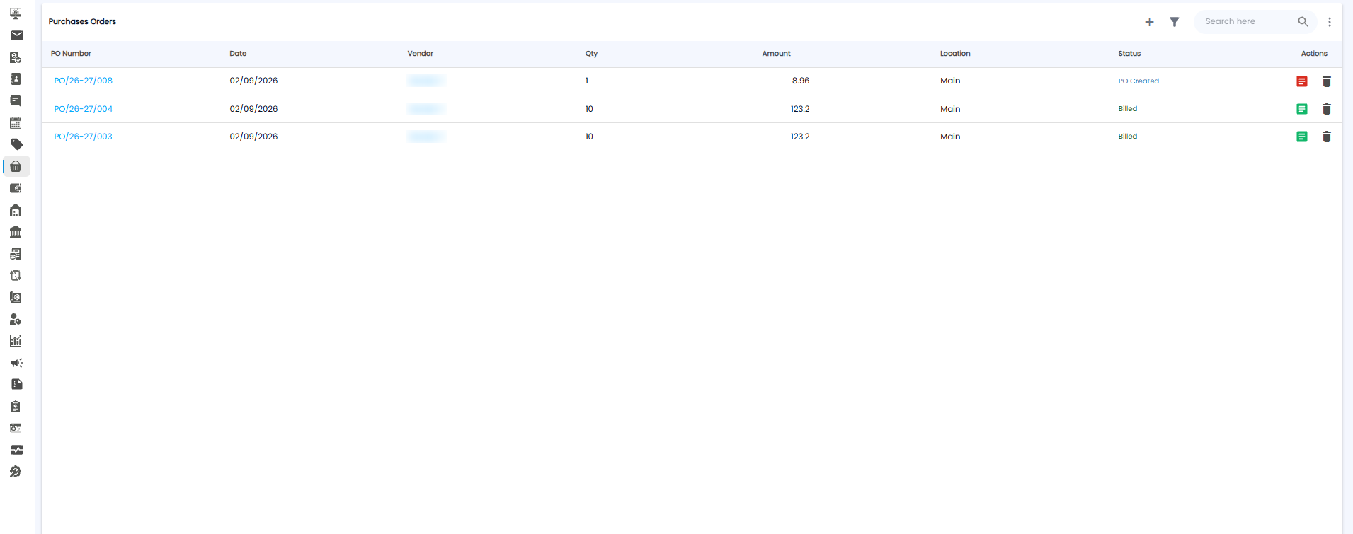Purchase Orders list with PO number, date, vendor, quantity, amount, location, status, and actions