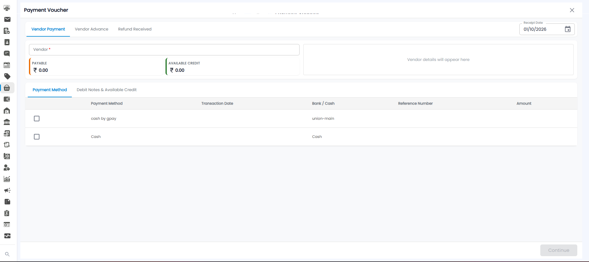 Payment Voucher with Vendor Payment, Vendor Advance, and Refund Received tabs, the vendor field, payable and available credit, and payment methods