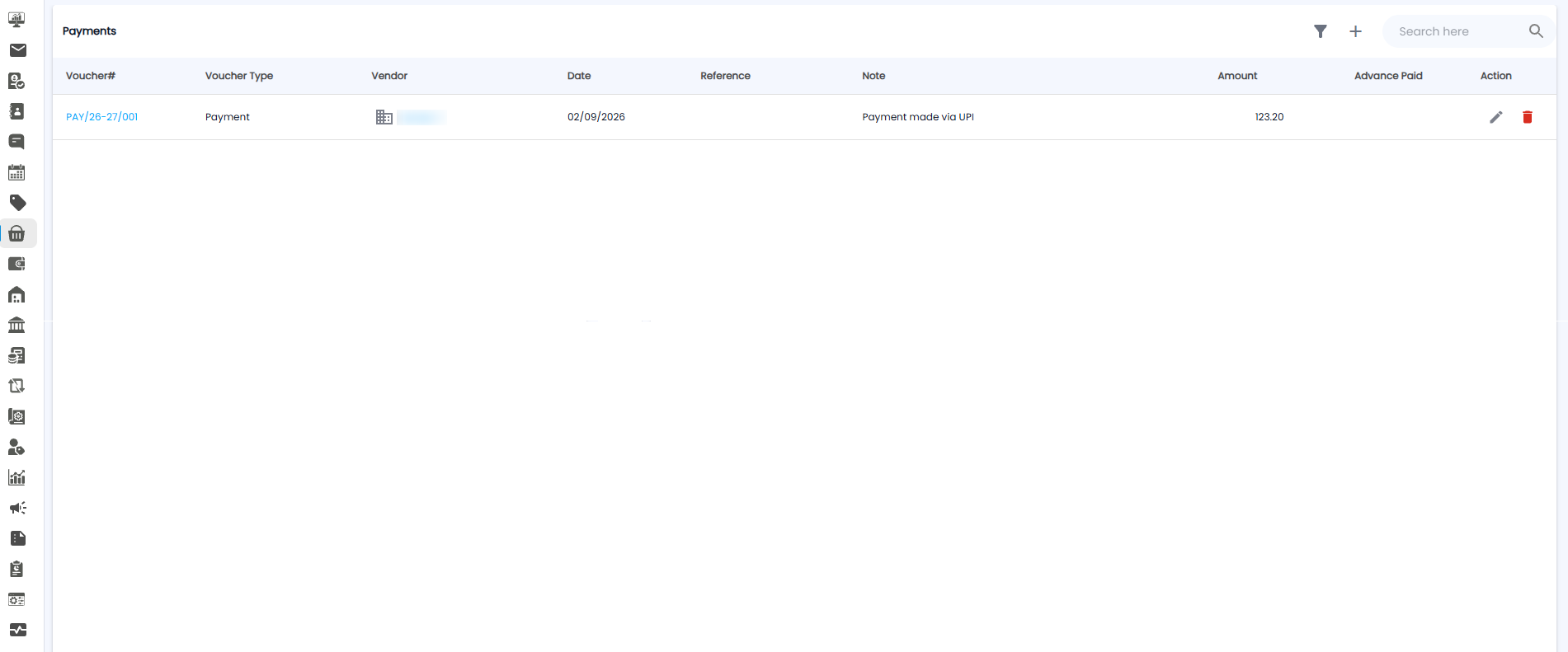 Payments list with voucher number, voucher type, vendor, date, reference, note, amount, advance paid, and actions