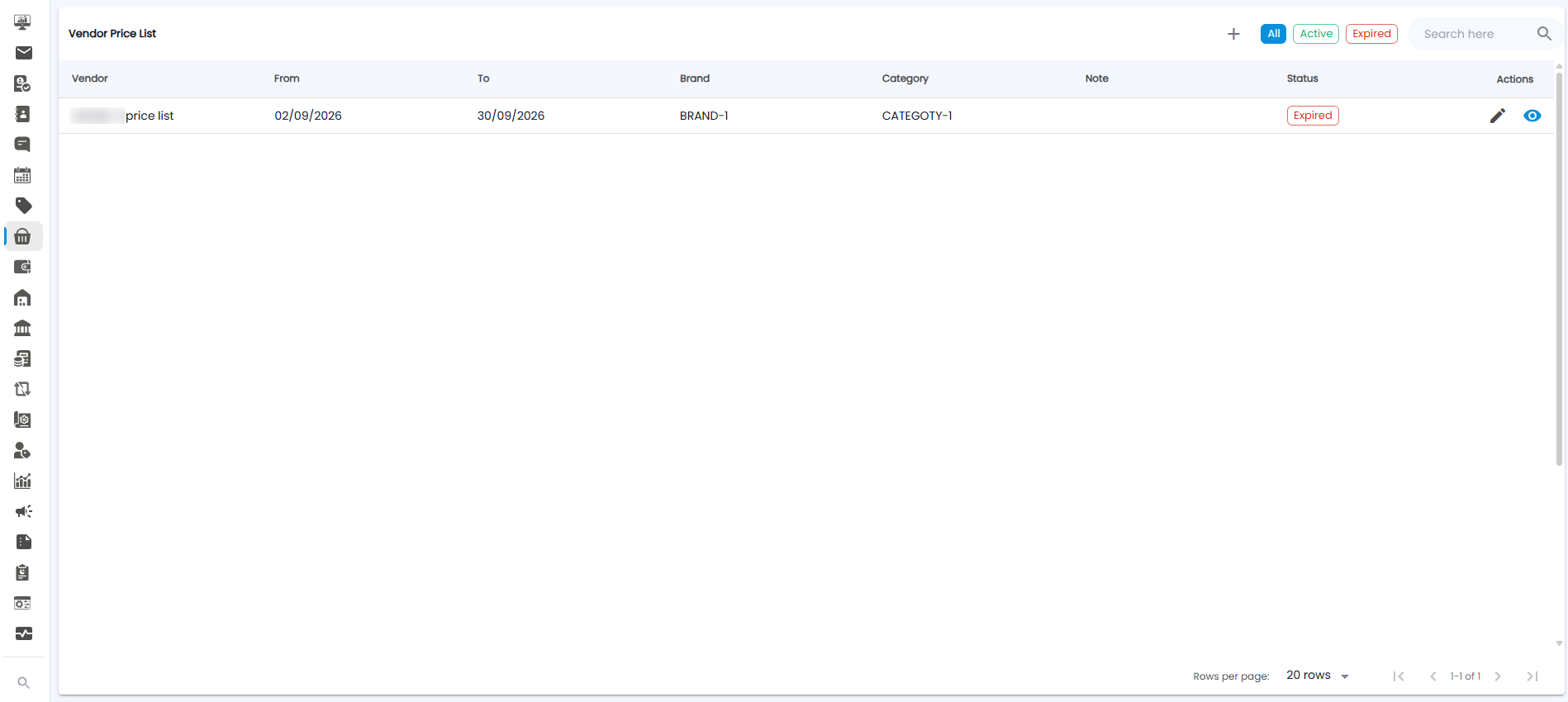 Vendor Price List page with All, Active, and Expired filters and a list of price lists with dates, brand, category, status, and actions