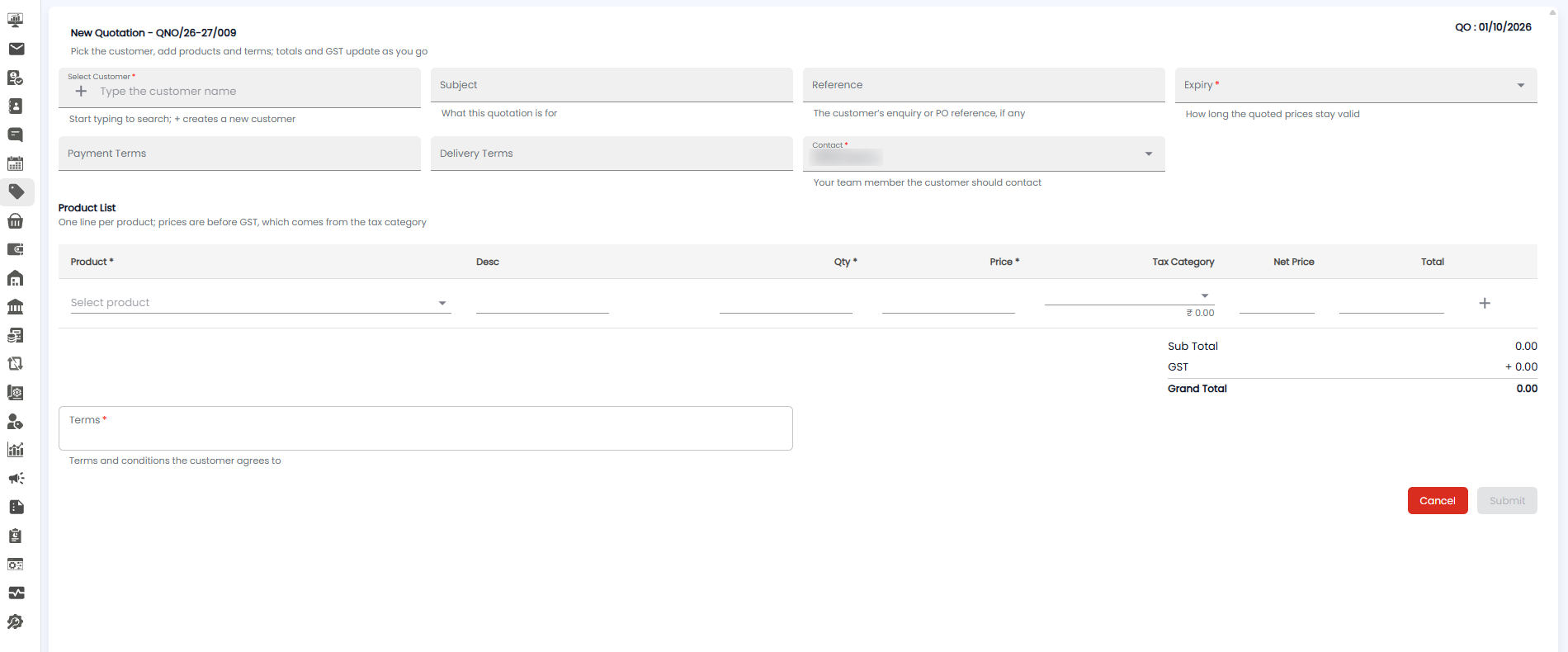 New Quotation form with customer, subject, reference, expiry, payment and delivery terms, contact, the product list, totals, and terms