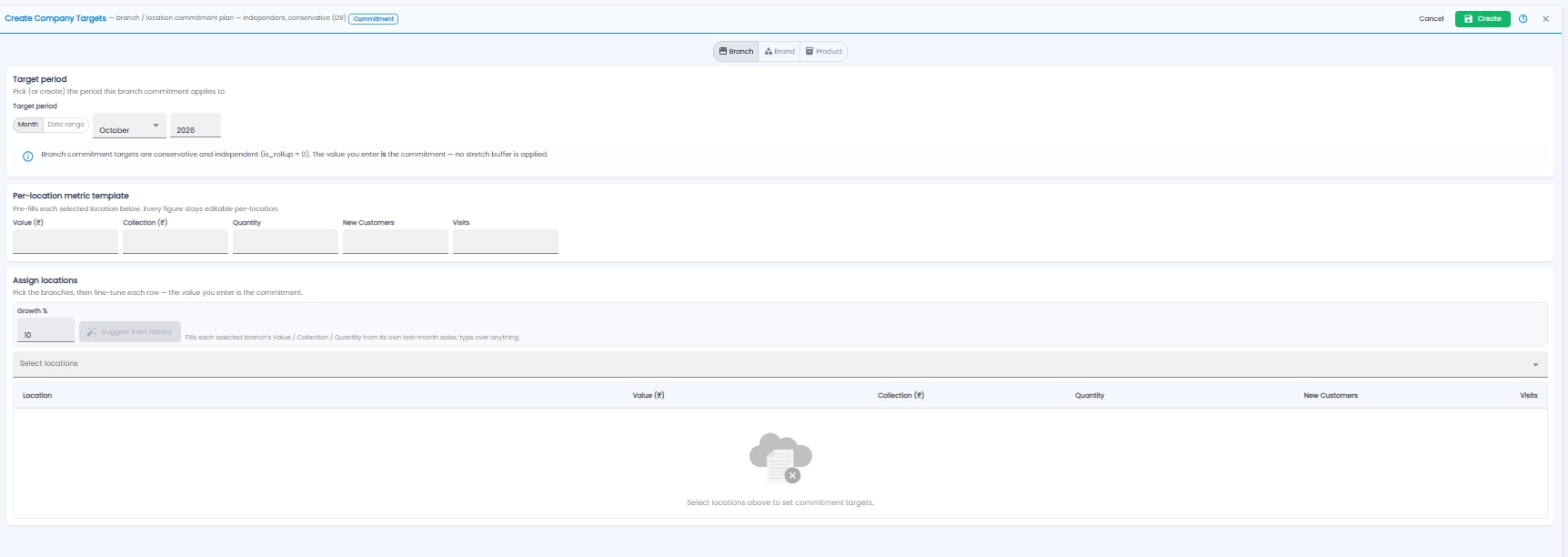 Create Company Targets form with target period, per-location metric template, and assign locations with growth and suggest from history