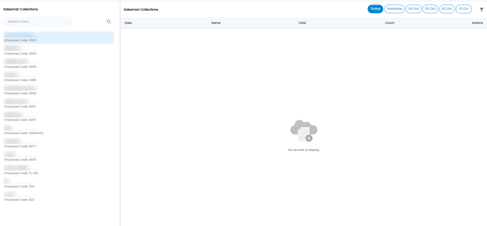 Salesman Collections page with the list of salesmen and employee codes on the left, day buttons, and the collections table