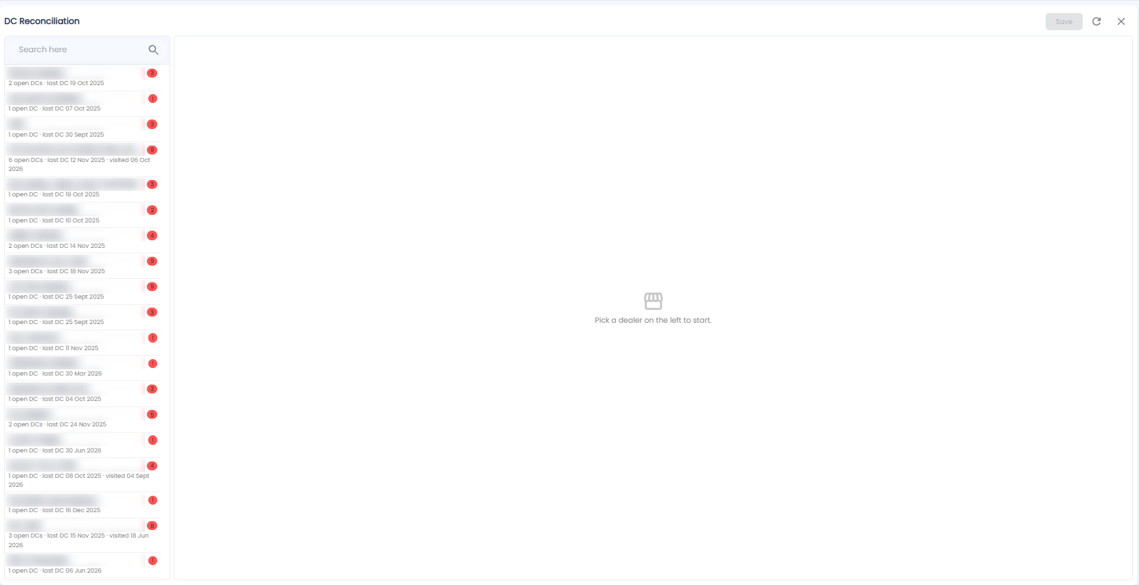 DC Reconciliation page with the list of dealers with open challans on the left and Pick a dealer on the left to start on the right